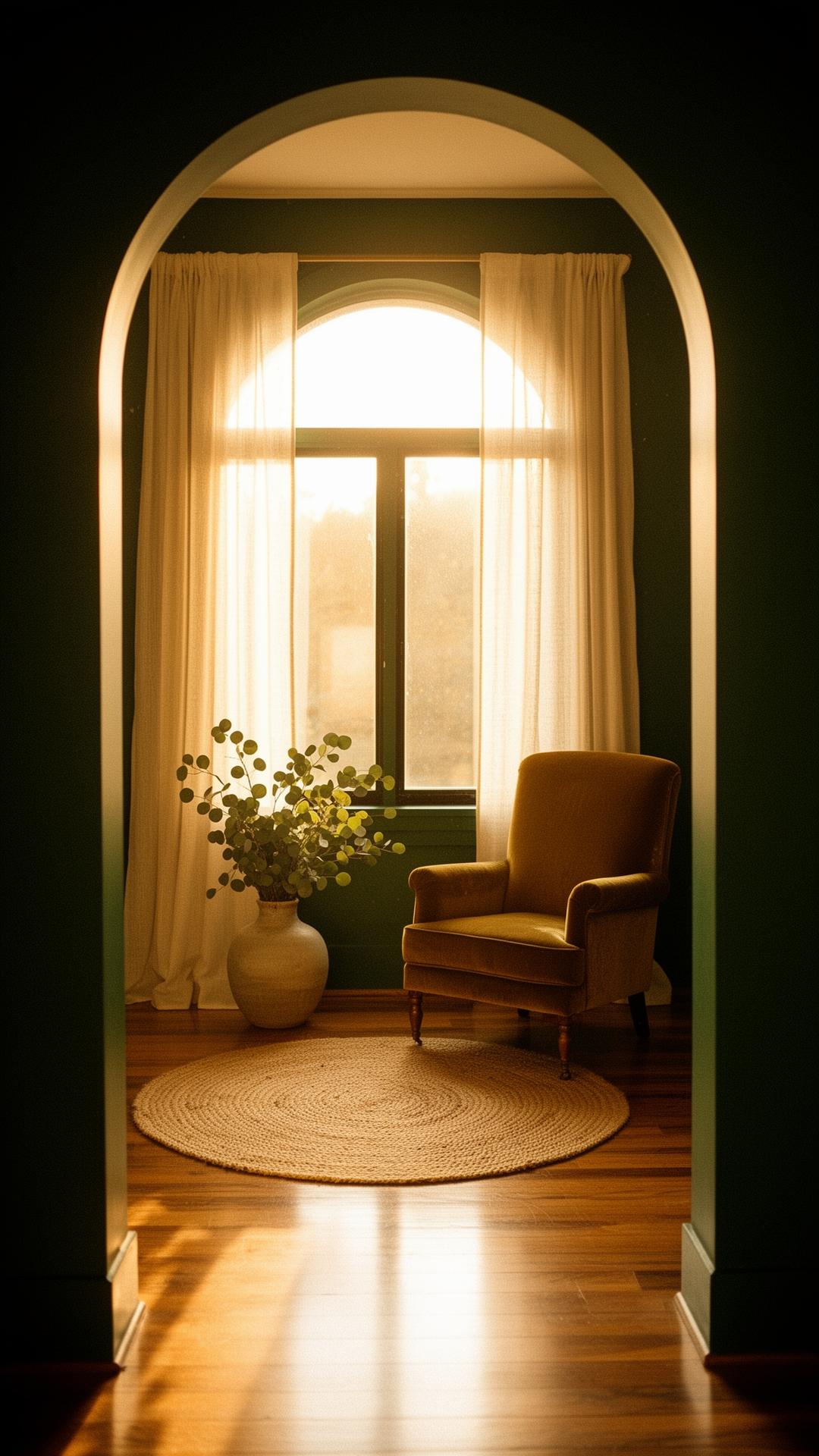 Sunlit therapy room seen through an arched window