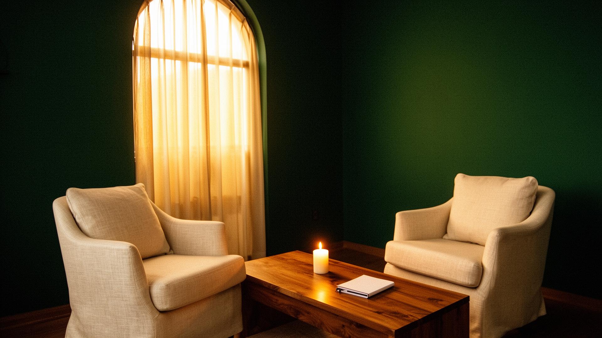 Calm therapy room with two armchairs and an arched window